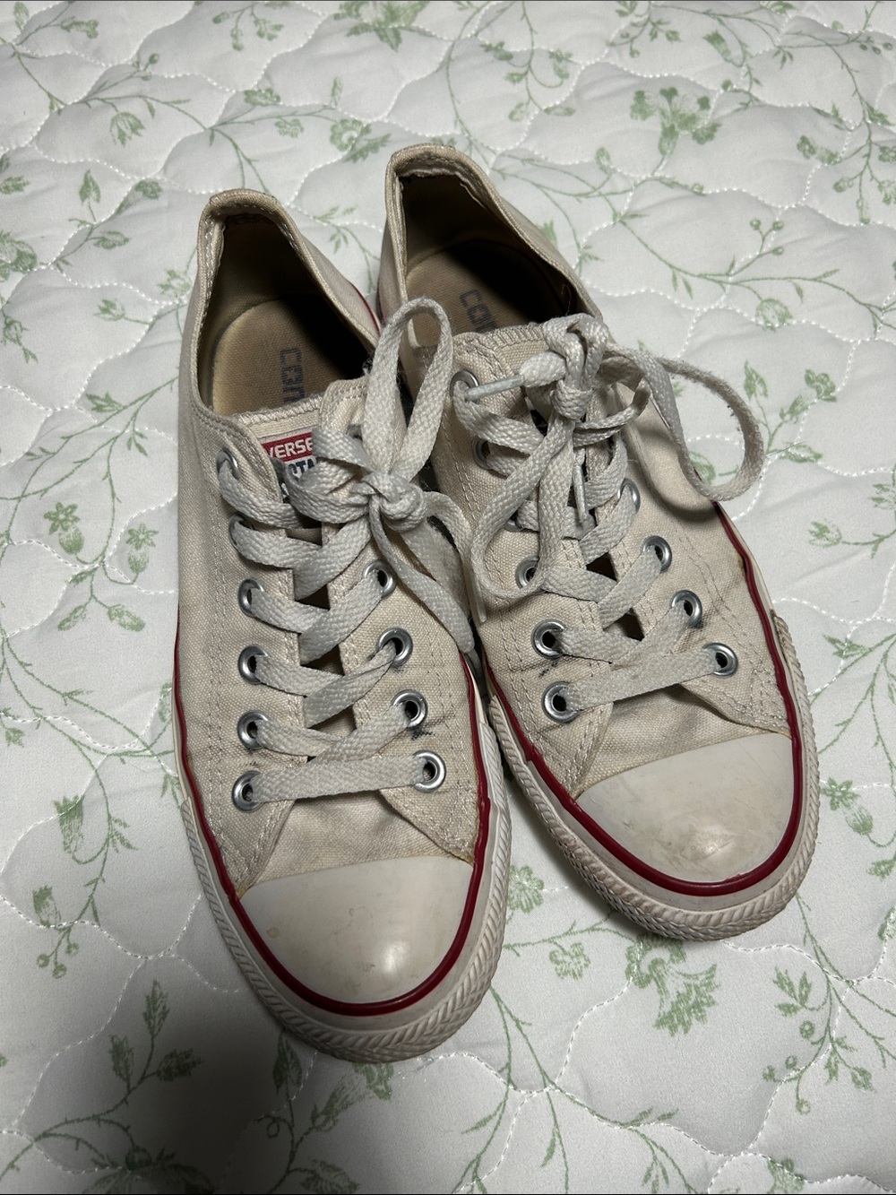 Converse Low-Top Canvas Sneakers in Off-White with Red Trim